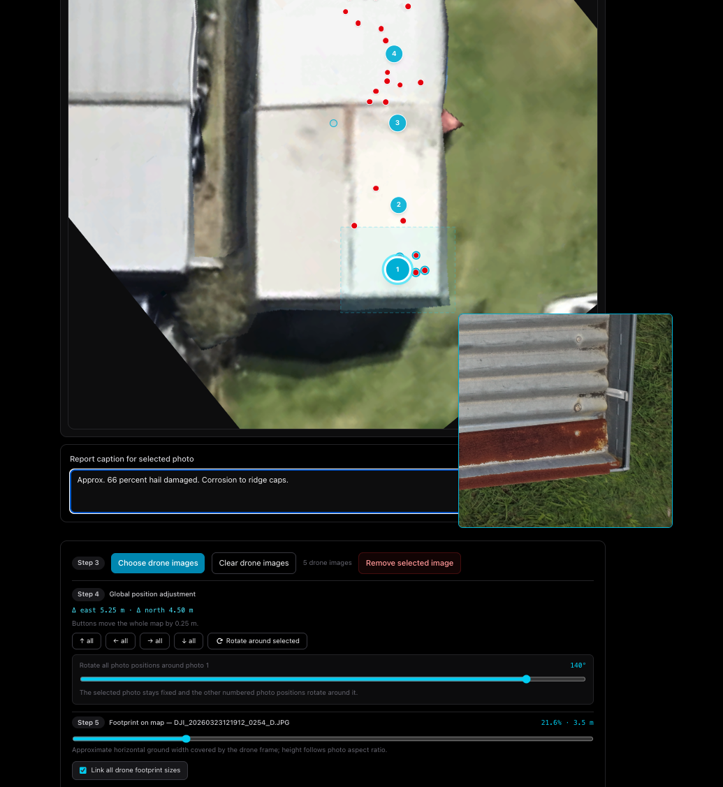 Live snippet showing roof corrosion at a pinned location