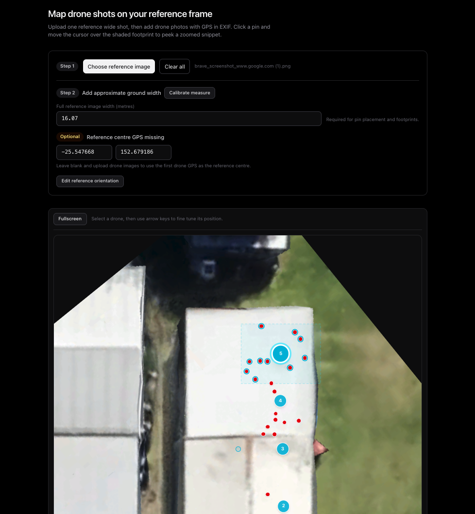 Birdseye: drone shots pinned on a reference image