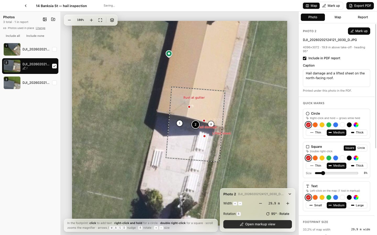 Birdseye showing drone photos pinned on a roof map with damage marked