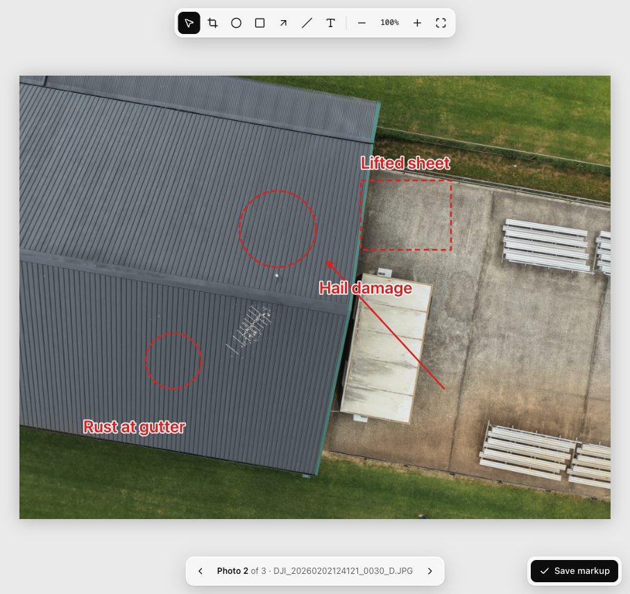 A drone photo with damage circled and labelled